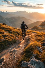 Fototapeta premium Solo mountain biker navigating a rugged trail in the Alps, challenging terrain, dramatic scenery, late afternoon light