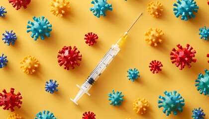Syringe with colorful virus models on a yellow background, symbolizing vaccination and immunization
