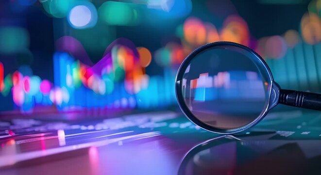 Analyzing economic data using a magnifying glass for research and analysis. Concept Analyzing Data, Economic Research, Magnifying Glass, Research Tools, Data Analysis