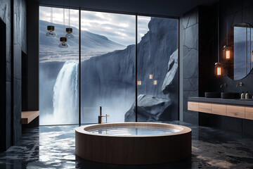 Wooden circular Bathtub next to large window with breathtaking Cliff and waterfall view, bathroom with large black stone tile