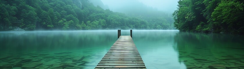 Naklejka premium Wooden pier extending over a calm, green lake surrounded by lush forests, serene morning mist, peaceful and untouched nature