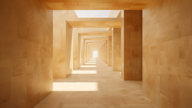 Fototapeta Distant view through a minimalist hallway with sandy beige walls and a series of small, square skylights.