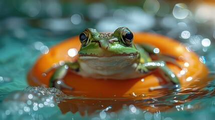 Frog on orange swimming ring floats in pool, summer time background. Generative AI