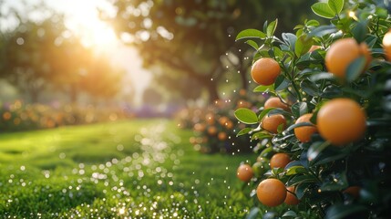 Orchard with oranges during watering or rain. Generative AI