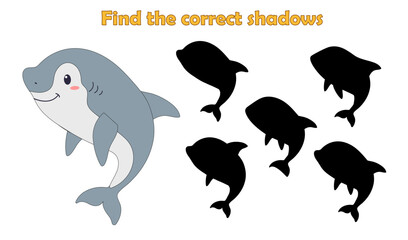 Find the correct shadow, shark. isolated on white background. Sea life. Game for children. Vector illustration.