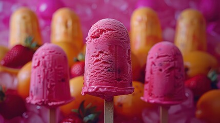 Pink ice cream on stick, strawberry sorbet. Generative AI