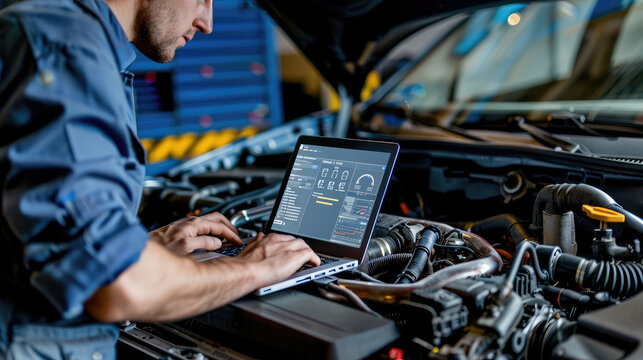 a mechanic with a laptop on a car engine conducts computer diagnostics of a car in a car service center