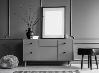 Grey gallery room interior with drawer and decoration, mockup frame