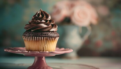 A cupcake with chocolate frosting on top of a pink plate by AI generated image