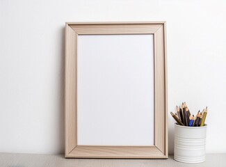 Minimal wooden picture poster frame mockup on white wallpaper