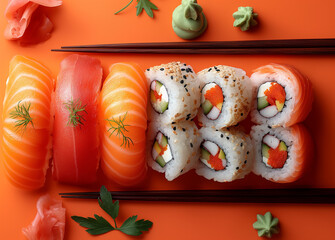 Sushi rolls on orange background.