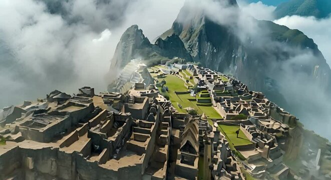 Mysterious Aerial View of Machu Picchu Ruins in Peru Amidst Mist. Concept Travel Photography, Aerial Shots, Historic Landmarks, Mystical Atmosphere, Machu Picchu