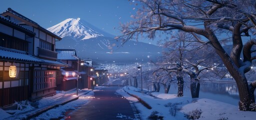 winter, rural city of japan, night time with sakura and mountain in the back