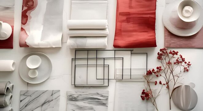 Creating an Artistic Flat Lay with Interior Design Moodboard Elements: Fabric Samples and Tiles. Concept Flat Lay Photography, Interior Design, Mood Boards, Fabric Samples, Tiles