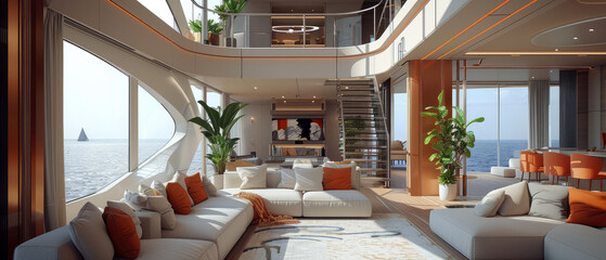 Luxury interior design yacht. Hotel, vacation apartment with furniture with sea view. Generative ai