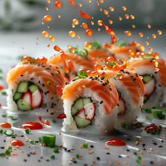 Sushi set surrounded with water and sauce.