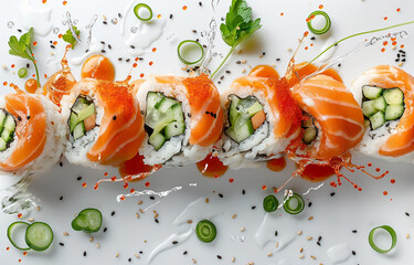 Sushi set surrounded with water and sauce.