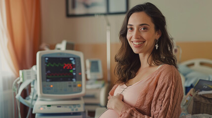Fototapeta na wymiar A beautiful pregnant woman is smiling at the camera while sitting in her hospital bed