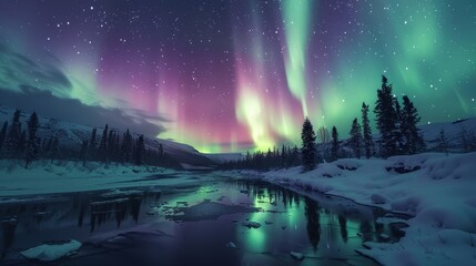 Obraz premium natural phenomena, the summer sky is illuminated by the mesmerizing green and purple colors of the aurora borealis, bringing the night to life