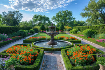 An elegant formal garden with meticulously sculpted hedges, manicured lawns, and a central fountain surrounded by colorful blooms, exuding sophistication and refinement in a harmonious symphony