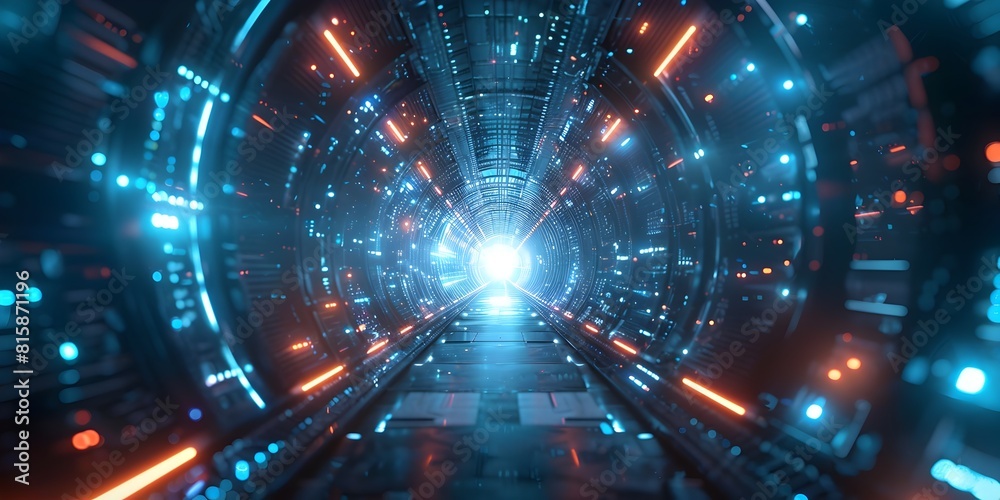 Poster futuristic virtual tunnel with luminous beams and dimensional architectural design for video confere