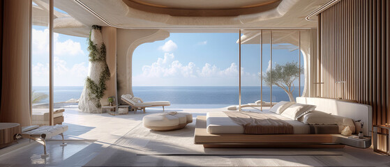 Fototapeta premium Luxury, spacious residential villa, penthouse. Resort Hotel Apartment. Contemporary interior with gorgeous landscape view. Vacation, recreation resort concept. Generative ai