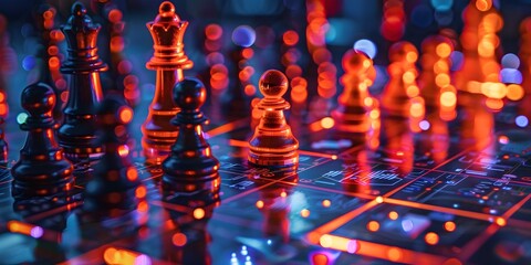 Cybersecurity Data Protection Board Game in Modern Digital Technology Theme with Futuristic Glowing Neon Abstract Pattern Background