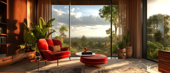 Fototapeta premium Luxury, spacious residential villa, penthouse. Resort Hotel Apartment. Contemporary interior with gorgeous landscape view. Vacation, recreation resort concept. Generative ai