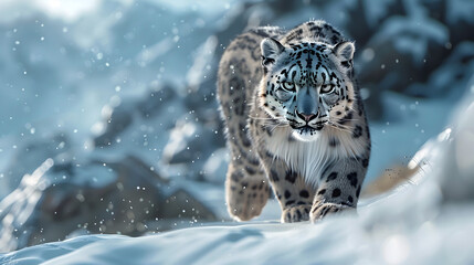 Majestic Snow Leopard Prowling Through Icy Mountainous Landscape in Cinematic Winter Wildlife Photography