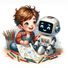 A watercolor cartoon drawing of young kid and robot drawing together, in concept of playtime with robot friend.
