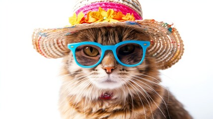 Feature a cat in festive summer attire with a hat and sunglasses, close-up, dynamic, Multilayer, isolated on a white background, perfect for a humorous holiday greeting