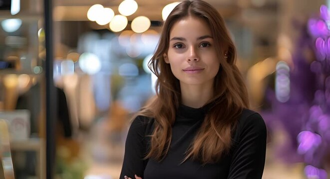 Vlogger in black long sleeve shirt poses at clothing boutique entrance. Concept Fashion Vlogging, Clothing Boutique, Stylish Outfits, Influencer Poses, OOTD