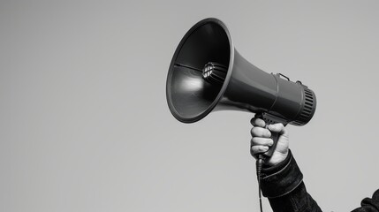 Feature a hand holding a modern megaphone, close-up, dynamic, Multilayer, against a monochrome orange background, highlighting clear communication
