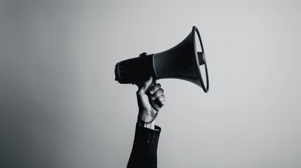 Feature a hand holding a modern megaphone, close-up, dynamic, Multilayer, against a monochrome orange background, highlighting clear communication