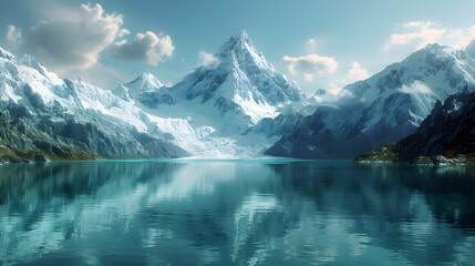 Majestic Snowy Mountains Reflected in Tranquil Crystal-Clear Lake with Vibrant Aurora Borealis in the Sky