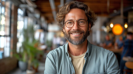 Portrait of a Smiling Bearded Man in Glasses at a Trendy Cafe