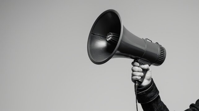 Feature a hand holding a modern megaphone, close-up, dynamic, Multilayer, against a monochrome orange background, highlighting clear communication