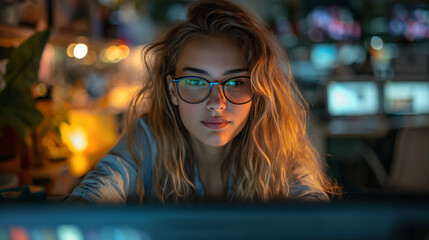 Young Woman with Glasses Working Late at Night on Computer