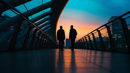 Silhouettes of Businessmen Walking on Modern Bridge Against Sunset Skyline