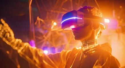 A person using VR glasses for virtual shopping with holographic interface. Concept Virtual Reality Shopping, VR Glasses, Holographic interface, Online Shopping Experience, Technology Advancements