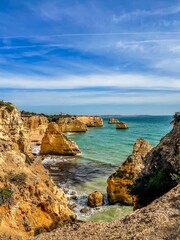 Algarve coast, blue water, beaches, rocks, Portugal