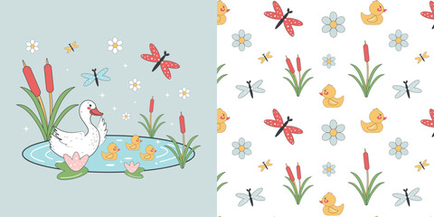A children's drawing with cute ducklings, a goose floating on the water. Seamless pattern, cute vector texture for baby bedding, fabric, wallpaper, wrapping paper, textiles and more.