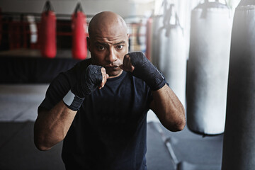 Fitness, punching and portrait of man in MMA gym for boxing, challenge or competition training....