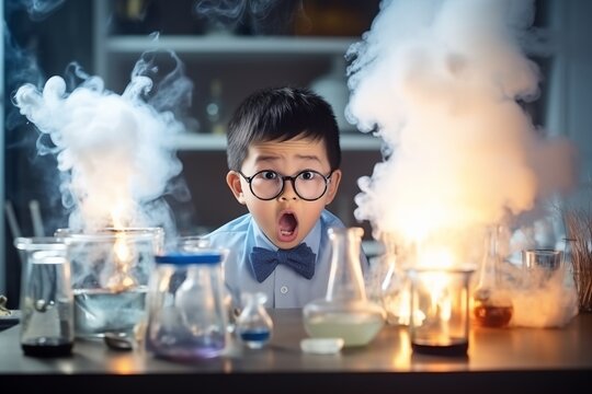 kid scientist in laboratory, surprist with fire and smoke. generative AI