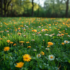 Field of green grass and blooming daisies and dandelions, a lawn in spring,a ai technology