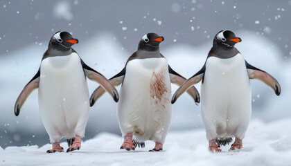 Fototapeta premium Three penguins standing on a snowy surface by AI generated image