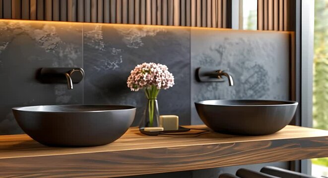 Dark wood bathroom counter mockup for product display or design layout. Concept Bathroom Decor, Product Mockup, Dark Wood, Design Layout, Interior Design