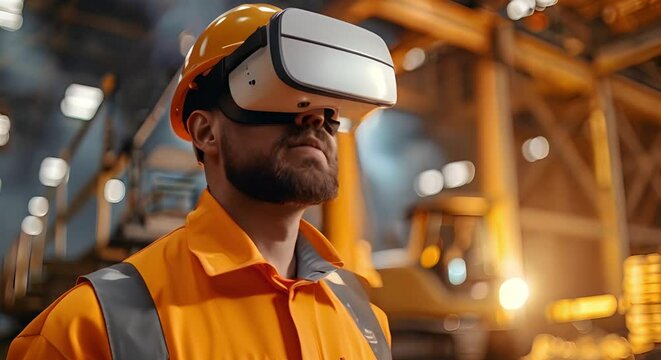 Professional using VR headset to oversee construction project in virtual reality. Concept Construction Management, Virtual Reality Technology, Professional Use, Project Oversight