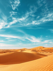 Expansive golden desert dunes under a vivid blue sky with streaks of wispy white clouds.