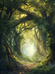  Enchanted sunlit forest path, flanked by ancient trees and lush greenery, radiating a mystical ambiance.